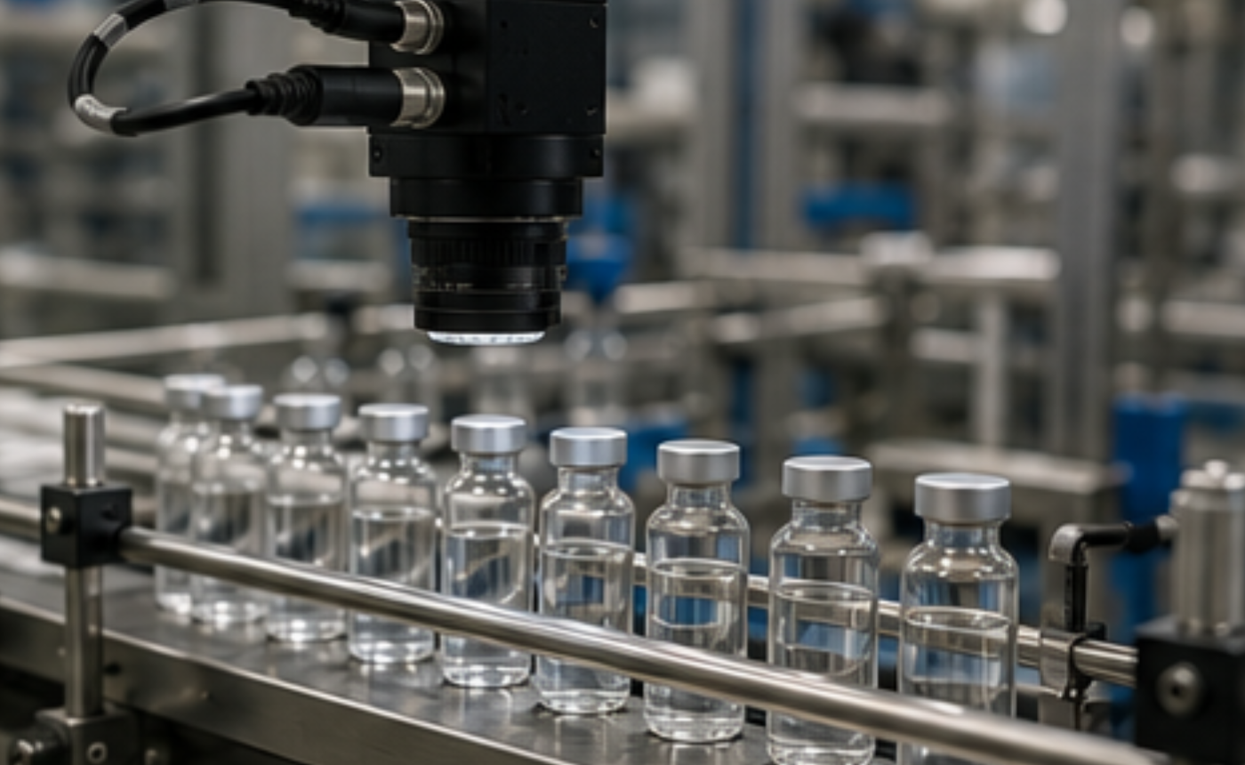 Captura automática de imágenes de medicamentos mediante cámaras industriales durante la producción farmacéutica.