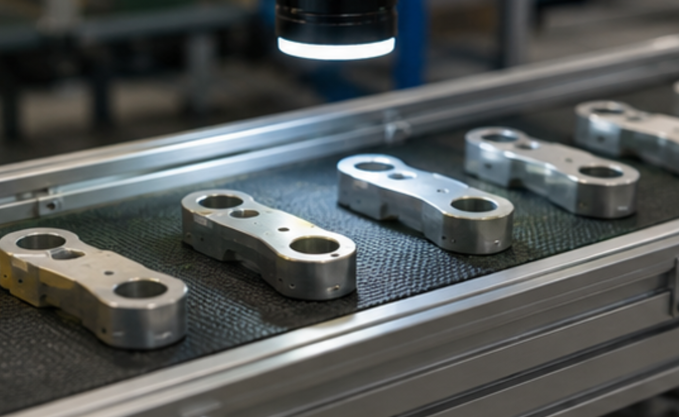 Sistema de visión artificial identificando piezas industriales según su forma y características visuales.