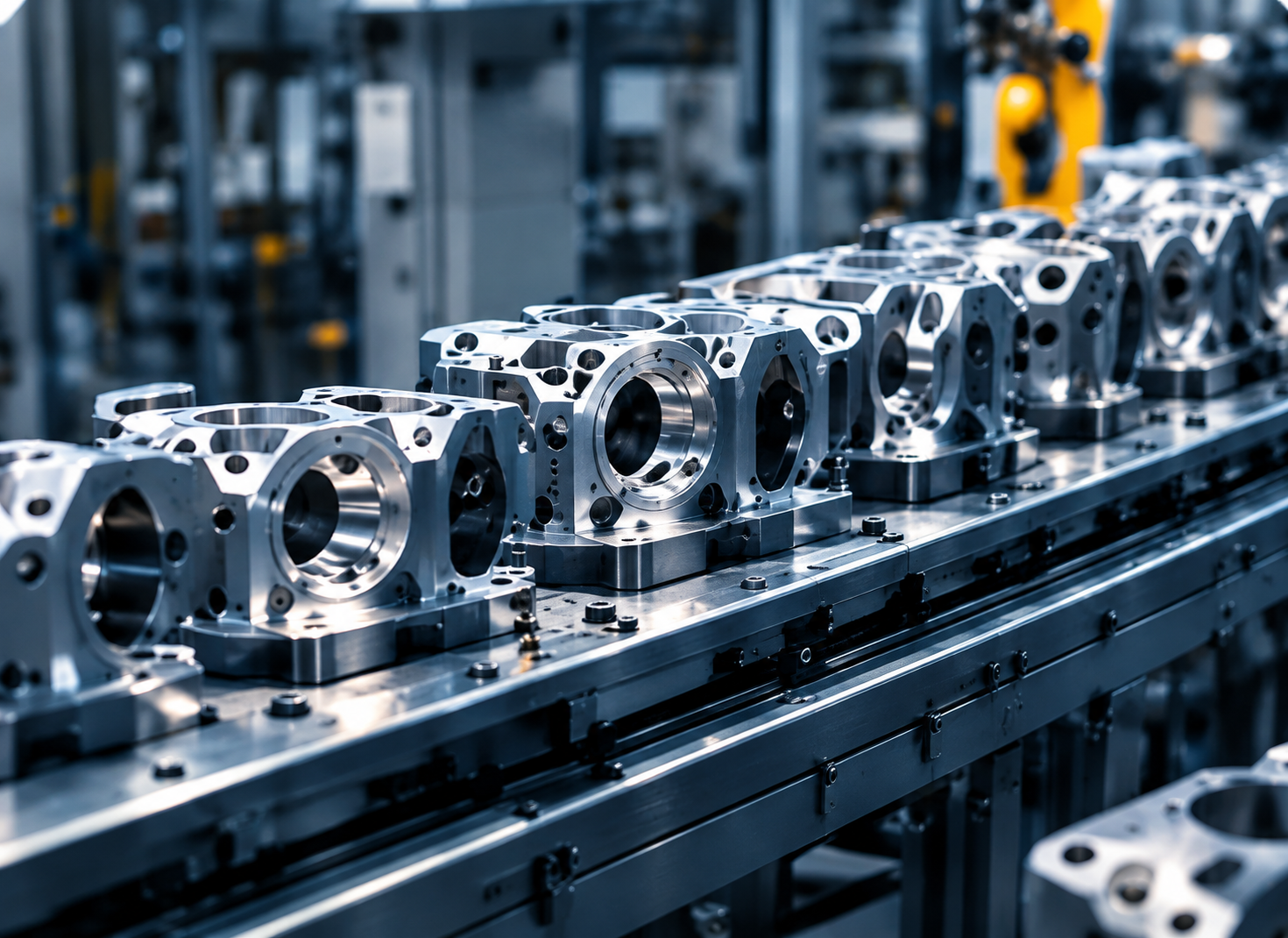 Línea de producción industrial con visión artificial para automatizar la inspección y el control de calidad de piezas.