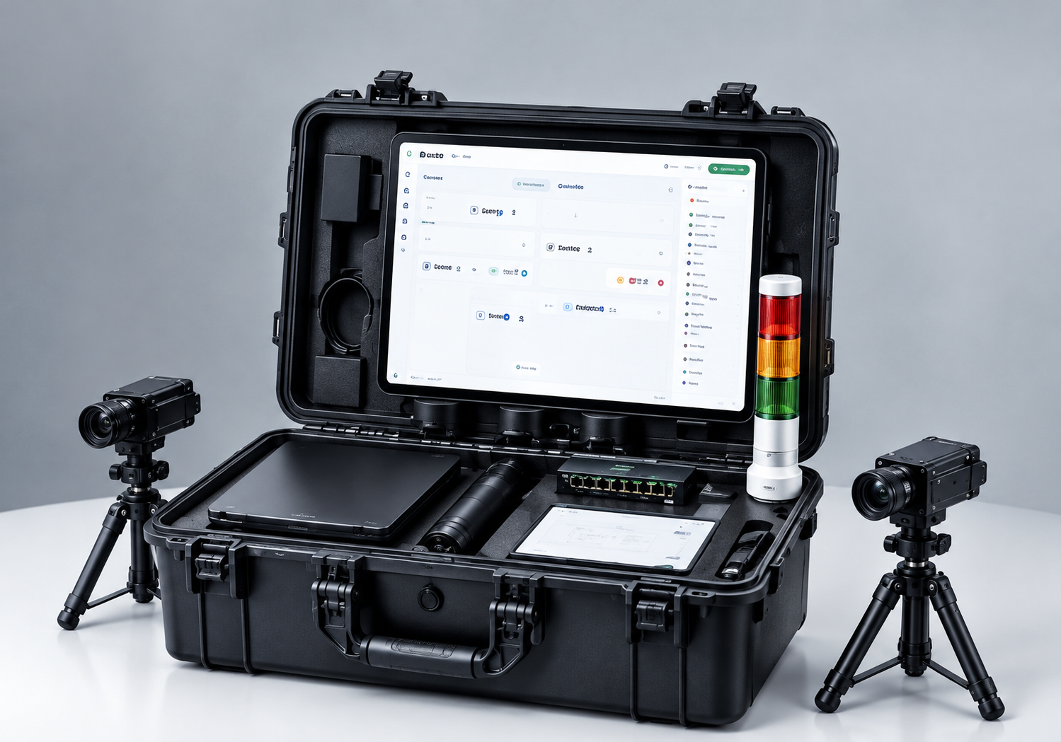 Kit Rely Go con ordenador, cámaras y accesorios para realizar pruebas y demostraciones de visión artificial industrial.