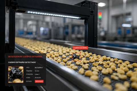 Sistema de visión artificial de Rely detectando cuerpos extraños y contaminantes en línea de producción alimentaria