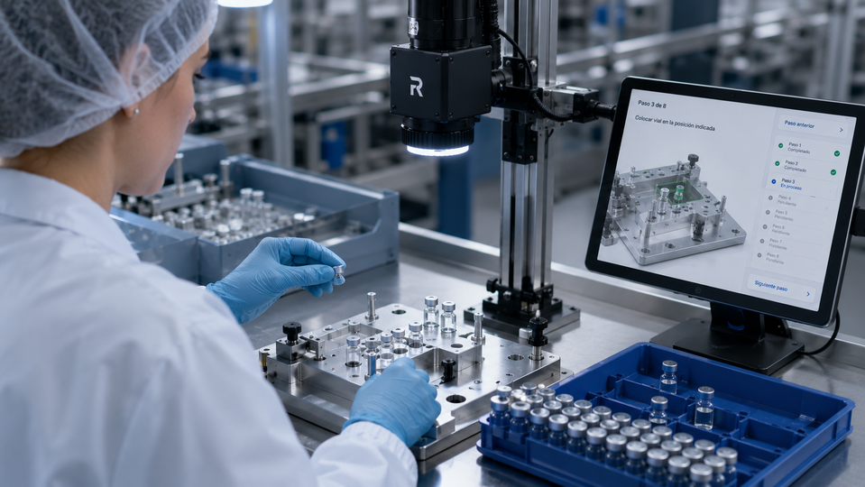 Operario asistido por visión artificial durante el montaje de componentes farmacéuticos con verificación automática en tiempo real.