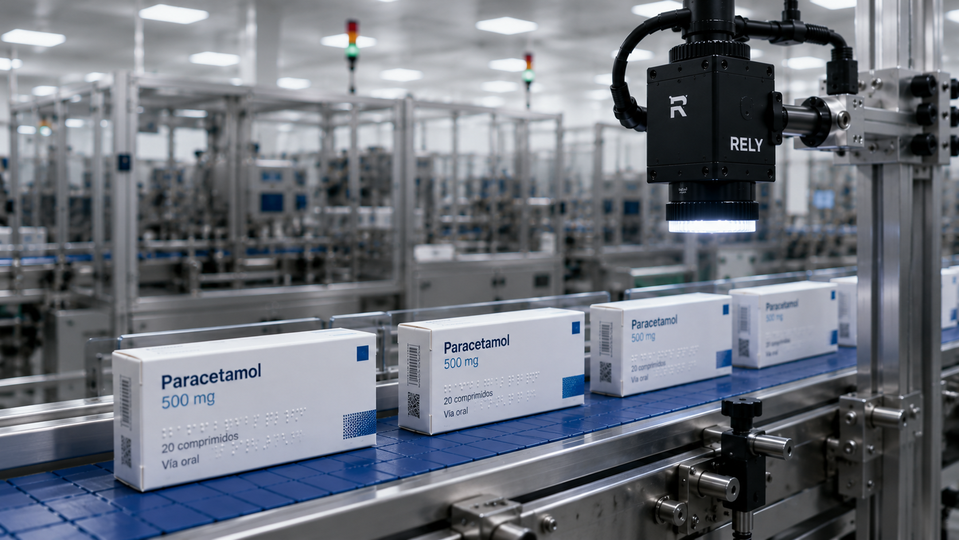 Inspección automática de packaging farmacéutico mediante visión artificial para verificar etiquetas, braille, códigos y cierres antes de la expedición.
