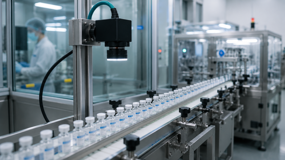 Sistema de visión artificial monitorizando una línea de producción farmacéutica para el seguimiento y control de productos en tiempo real