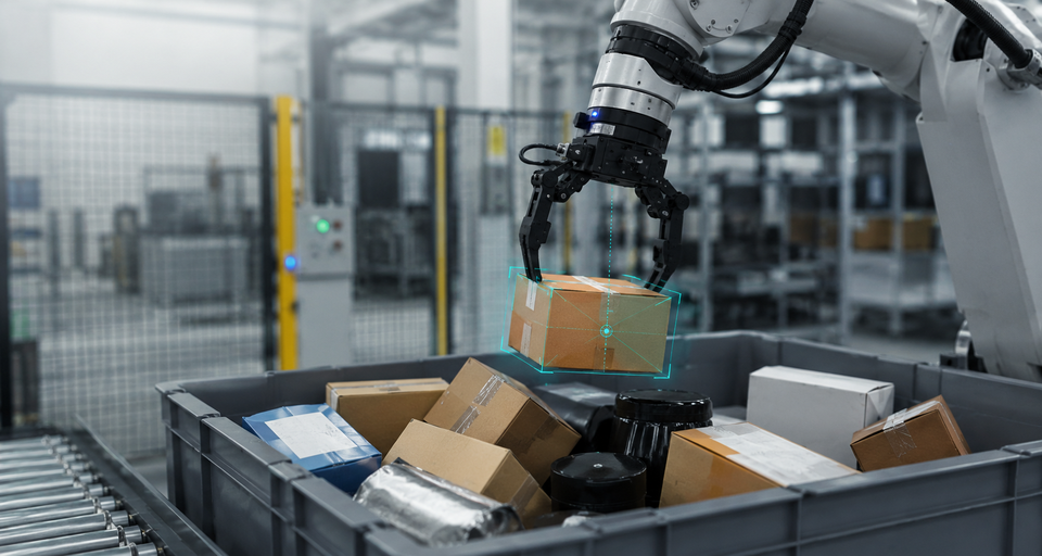 Robot industrial realizando picking flexible de objetos mezclados mediante visión artificial en una línea logística