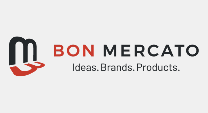 Logo of Bon Mercato with stylized "B M" design. Text reads "Ideas. Brands. Products." on a white background.