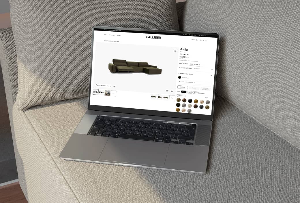 3D product configurator showing the Alula sectional sofa with cover color options selected