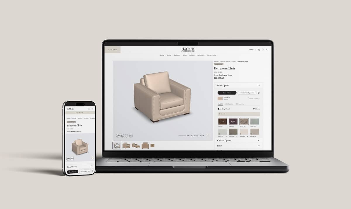 3D product configurator showing the Kempton Chair with fabric and leather options, displayed on laptop and mobile