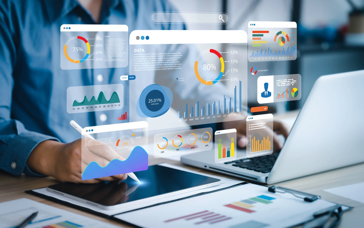 Floating data dashboard panels showing charts, percentages, and analytics overlaid on a person working at a laptop and tablet