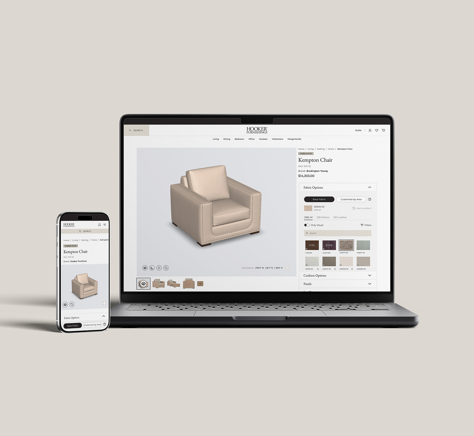 Hooker Furnishings product page for the Kempton Chair shown on laptop and mobile, with fabric options and pricing