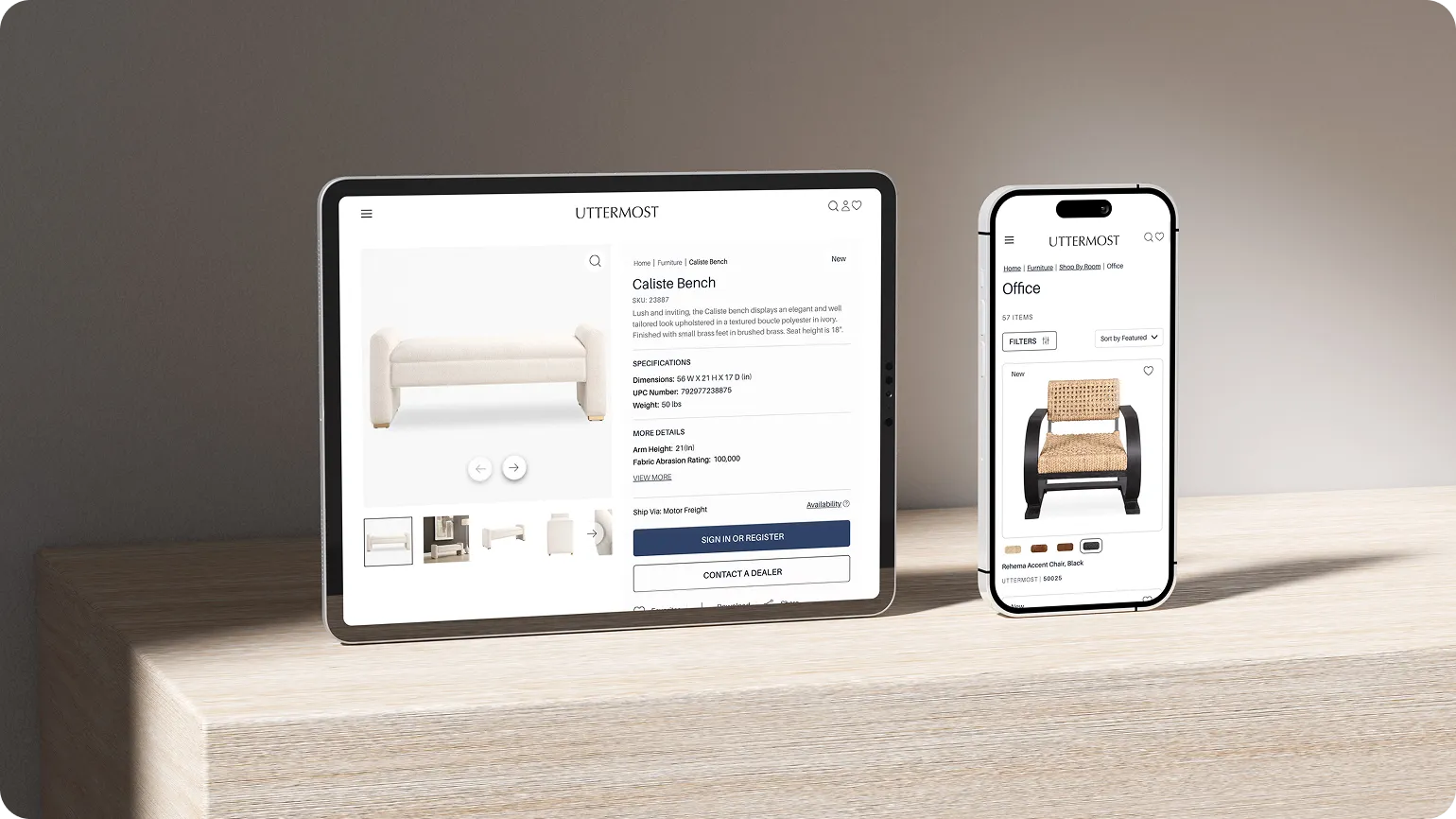 Uttermost product page for the Caliste Bench shown on tablet and mobile