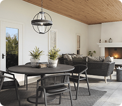 3D rendered living and dining room scene featuring a pendant light fixture, dining table, and seating area