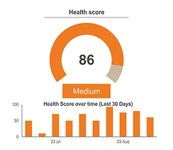 Gauge chart showing a website health score of 86 out of 100, rated Medium, with a 30-day trend graph below