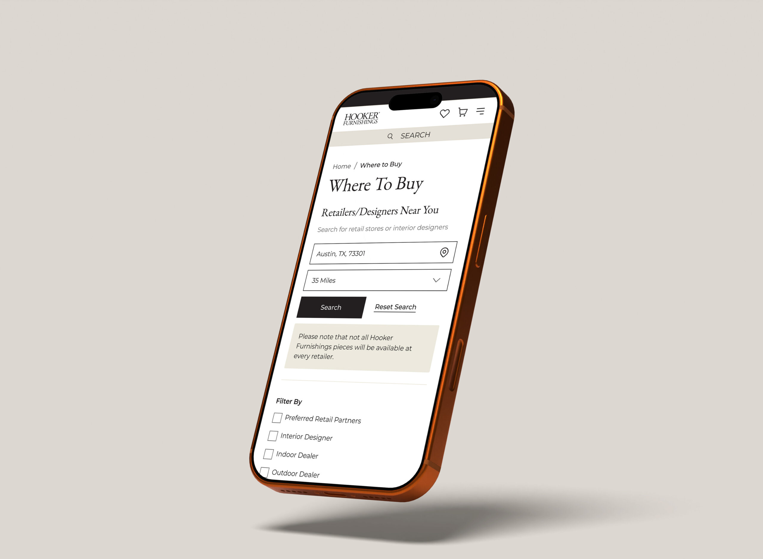 Hooker Furnishings "Where to Buy" store locator page shown on mobile