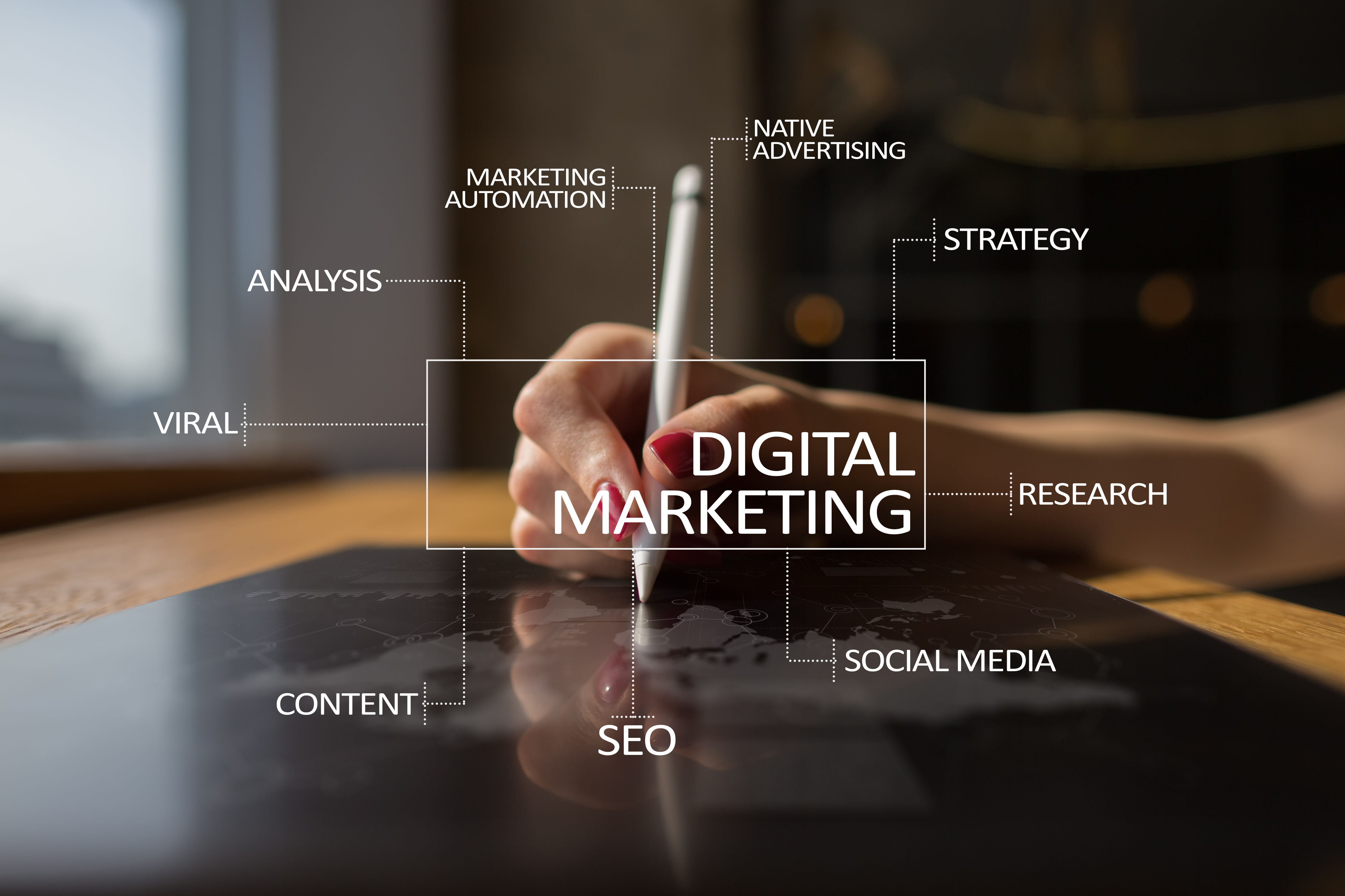 Diagram labeling digital marketing components including SEO, content, social media, strategy, and analytics