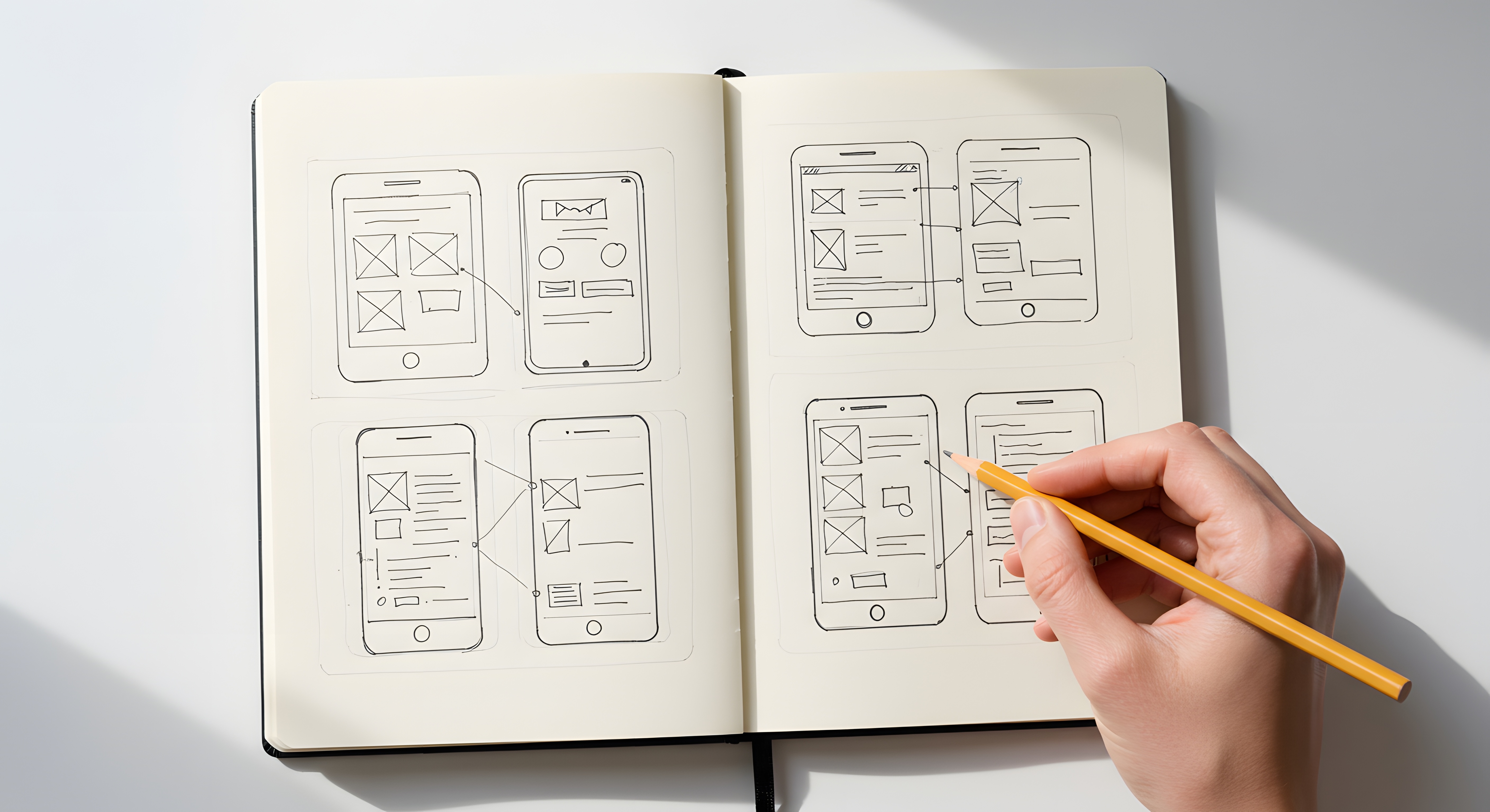 Hand sketching mobile app wireframes in a notebook, with arrows showing navigation between screens