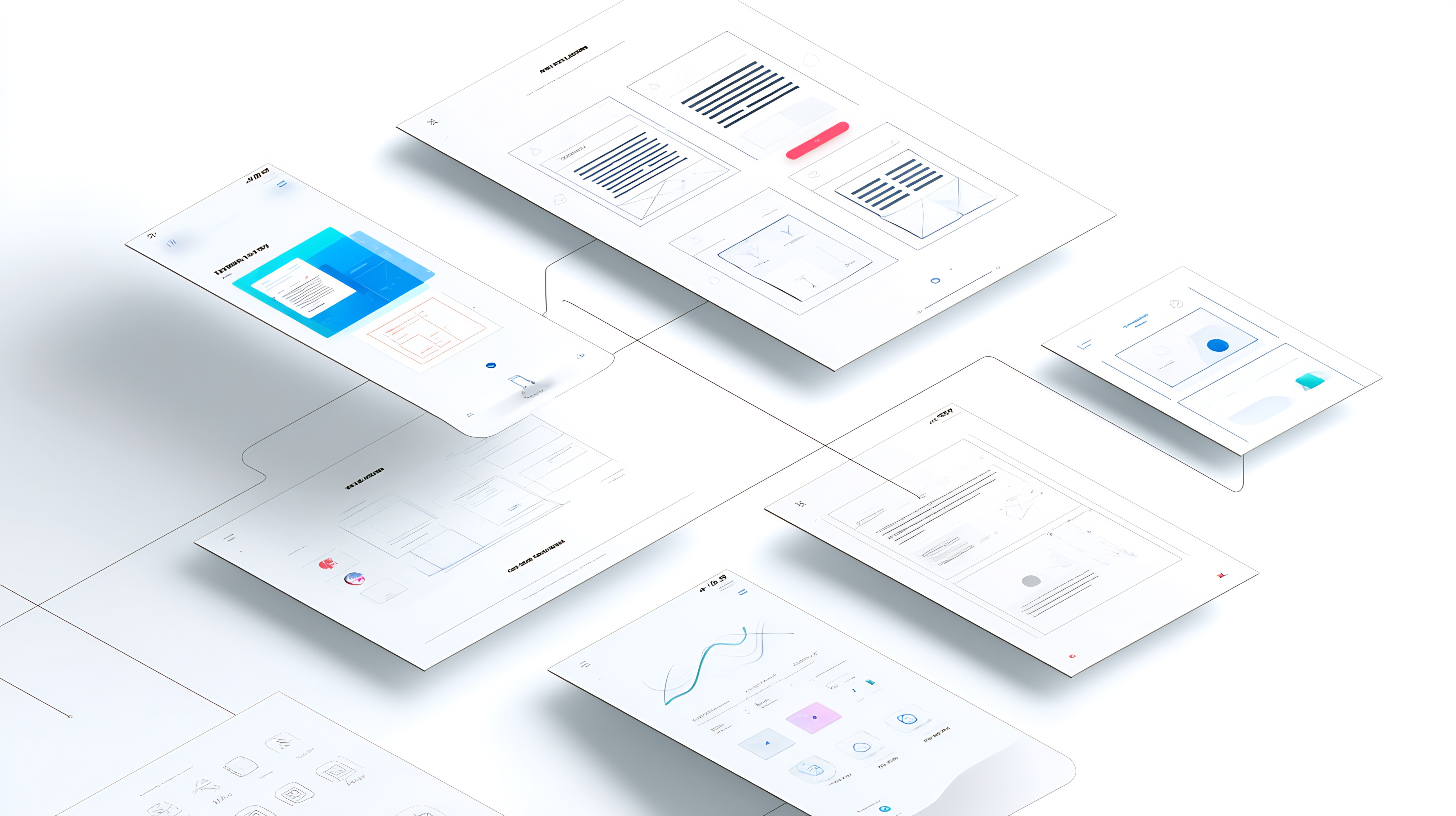Isometric illustration of floating UI design panels representing app screens, layouts, and design elements