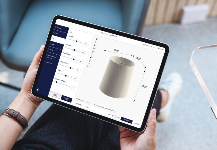 Tablet displaying a 3D lamp shade configurator with adjustable size controls and a live product preview