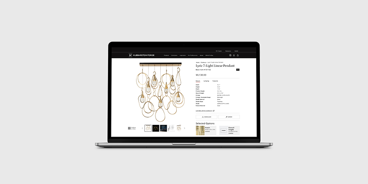 Hubbardton Forge product page for the Lyric 7-Light Linear Pendant shown on laptop