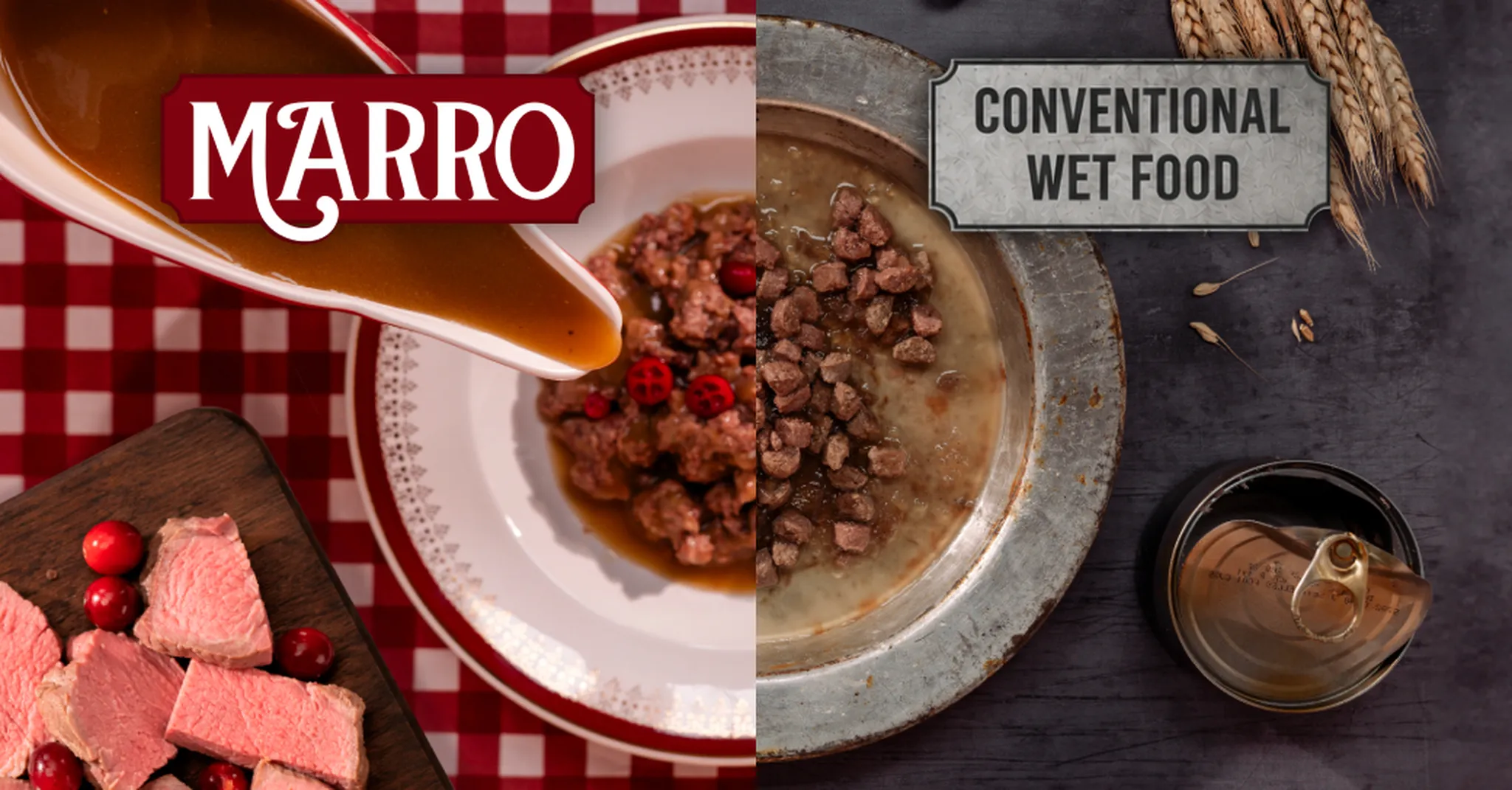 Two-part image comparing cat foods: left shows MARRO fresh food with gravy; right shows conventional wet food in a worn bowl with a can.