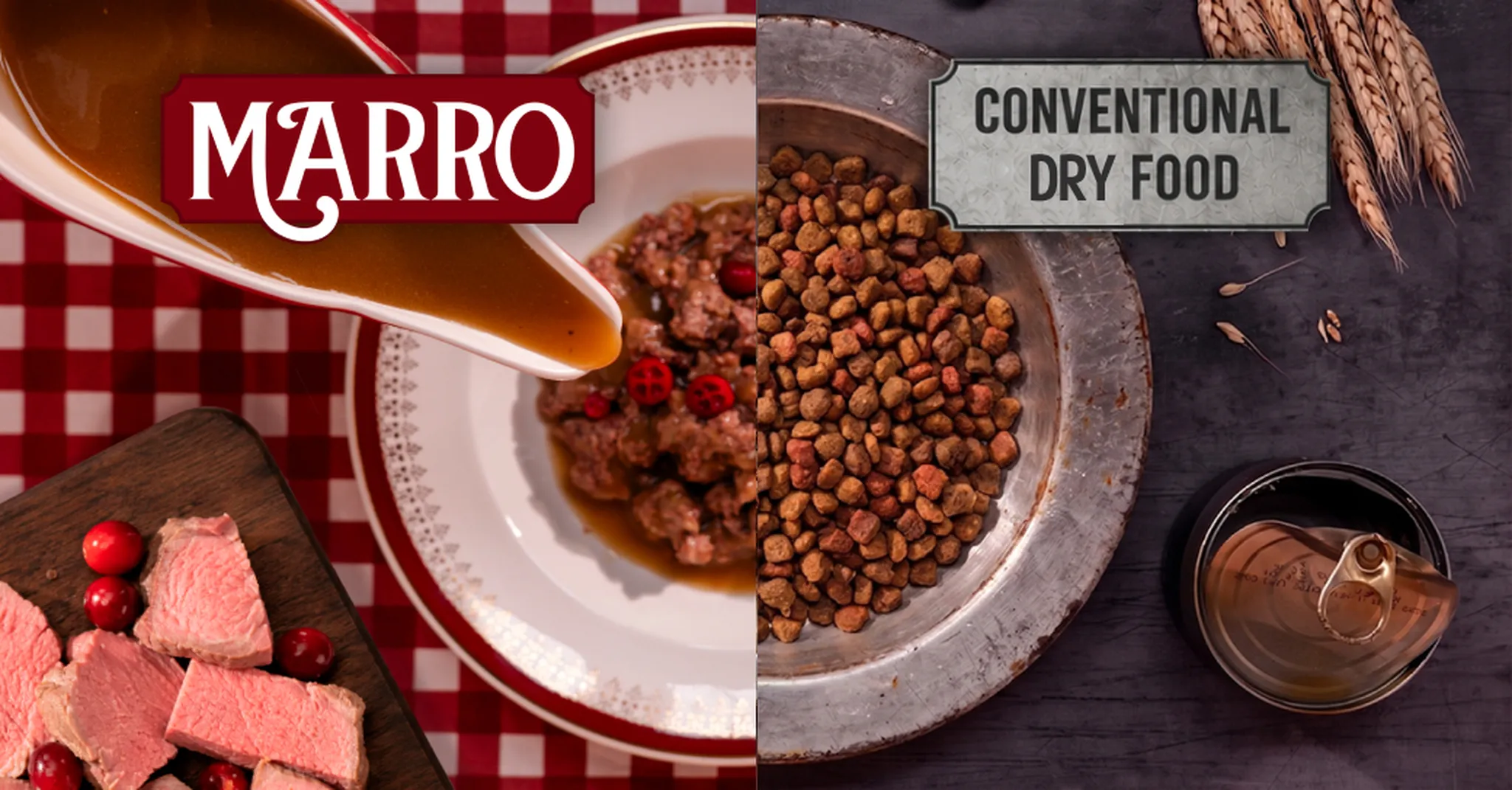 Left side: appetizing meat with sauce labeled "Marro." Right side: bowl of conventional dry pet food with wheat and canned food nearby.