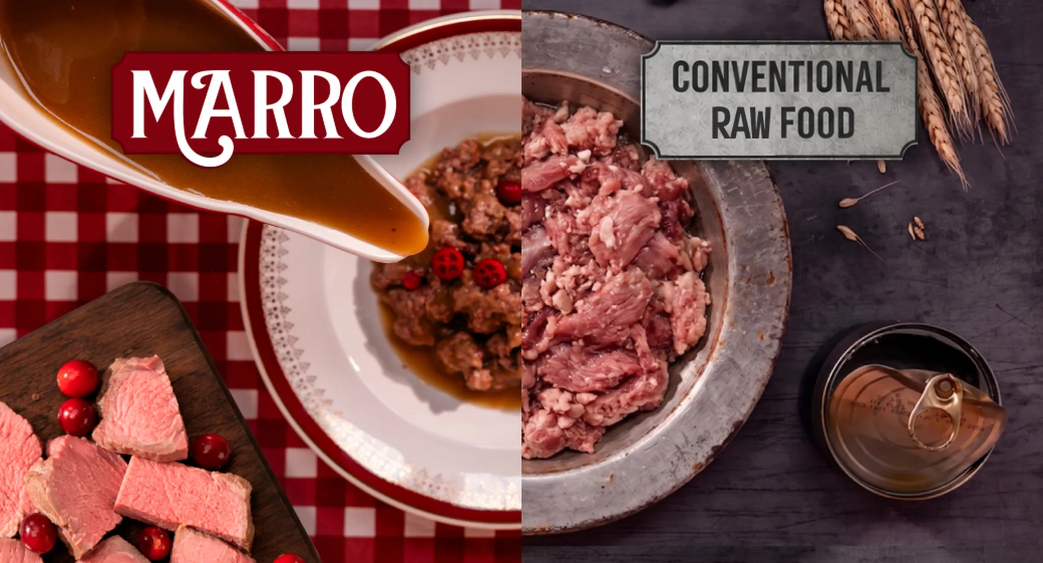 Two plates comparing cat foods: one with fresh cooked meat and hydrating gravy labeled "Marro," the other with raw meat labeled "Conventional Raw Food."