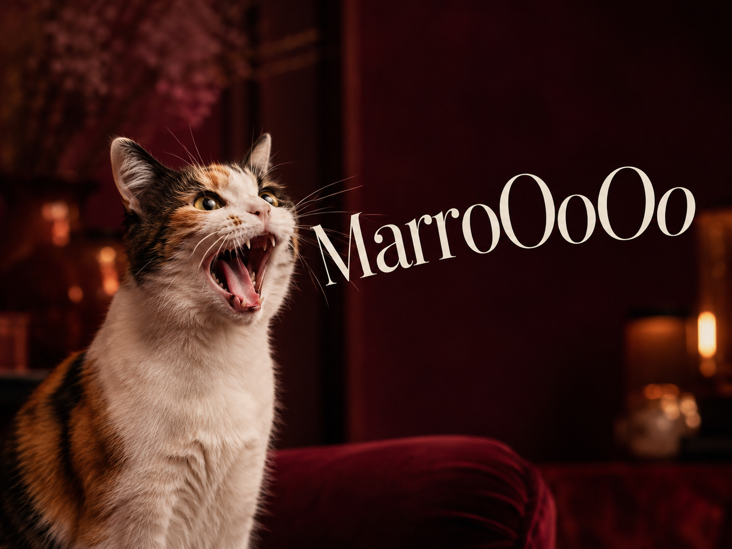 A calico cat with mouth open, appearing to meow, with "MarroOoOo" text beside it, in a dimly lit room with red and brown decor.
