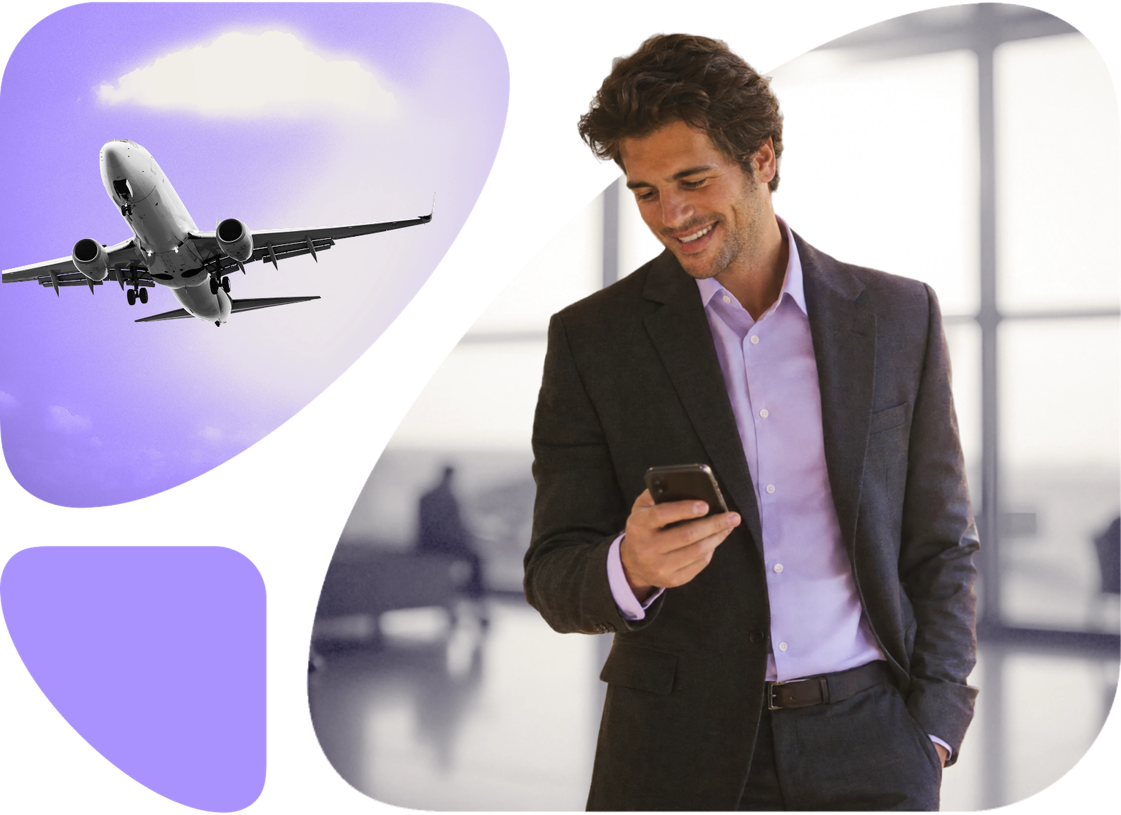 Flugzeug im Himmel und Geschäftsmann mit Smartphone am Flughafen