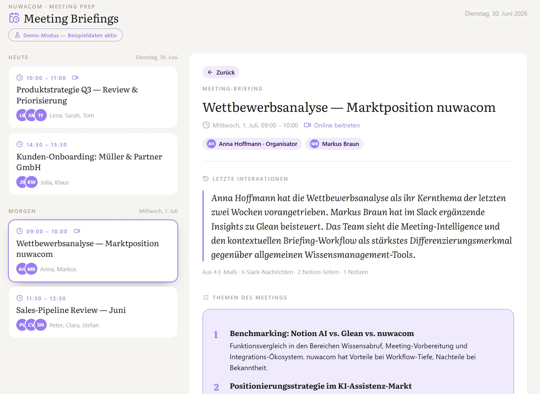 The Meeting Prep app prepares briefings based on retrieved context and user inputs. Meeting briefing interface showing a schedule, details for "Wettbewerbsanalyse – Marktposition nuwacom," and related topics.