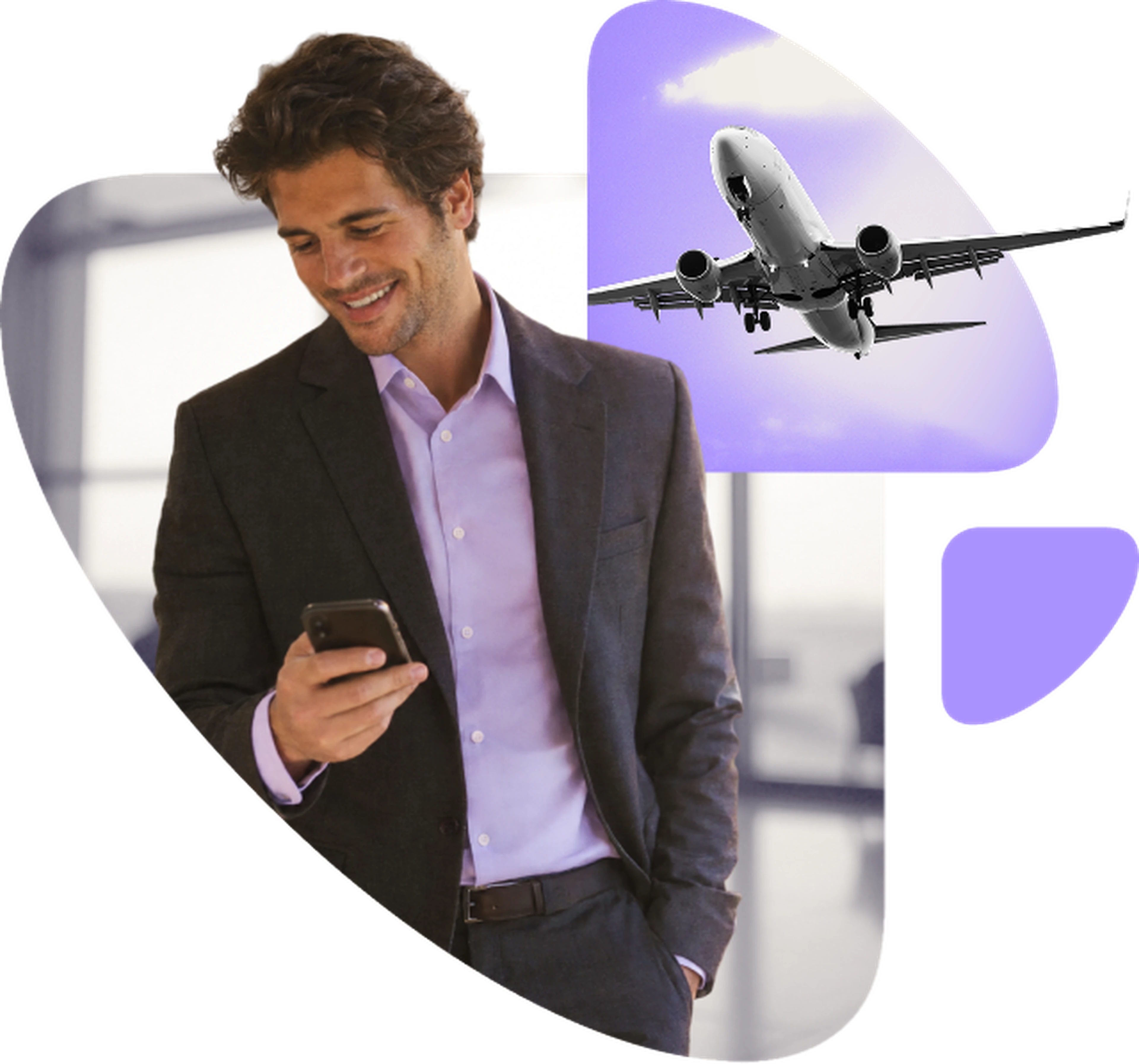 Geschäftsmann mit Smartphone und Flugzeug