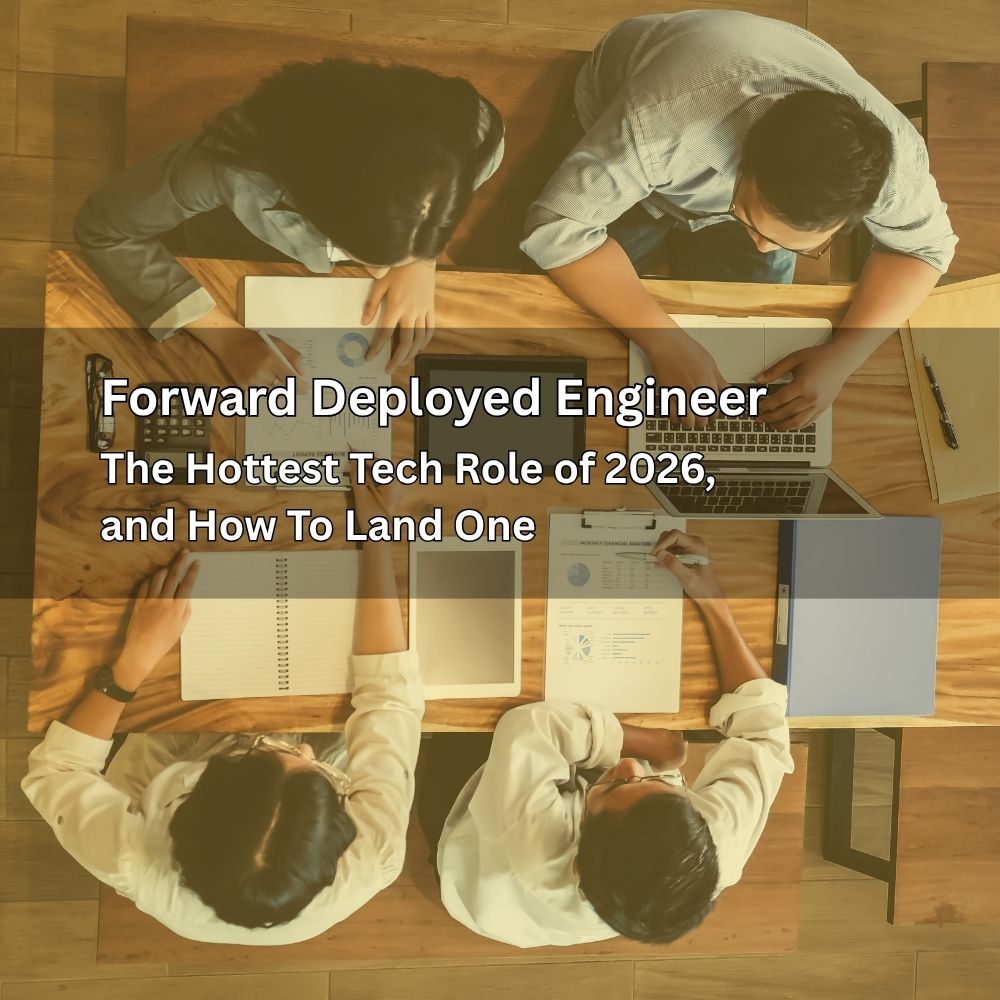 Three people collaborate at a table with laptops and documents. Text overlays: "Forward Deployed Engineer, The Hottest Tech Role of 2026, and How To Land One."