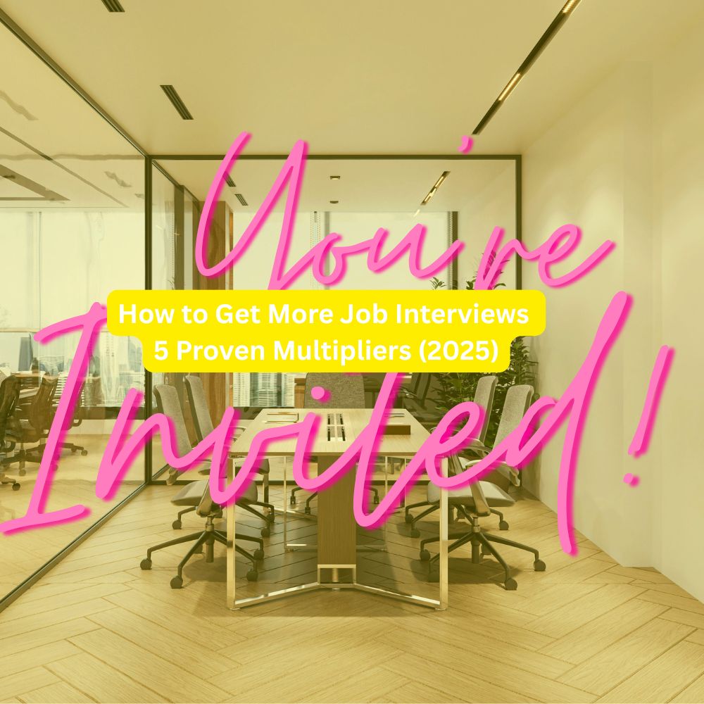 Office meeting room with text: "You're Invited! How to Get More Job Interviews, 5 Proven Multipliers (2025)" in bold pink and yellow font.