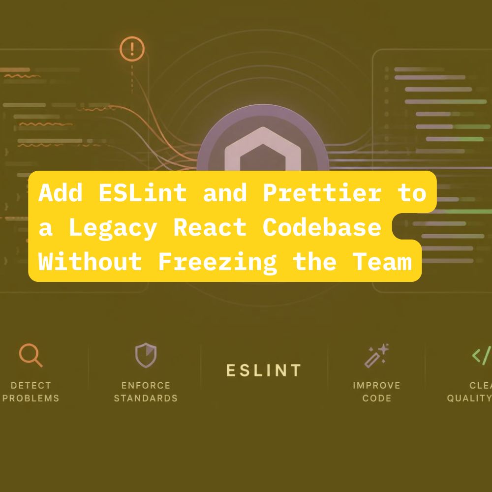 Yellow text on brown background: "Add ESLint and Prettier to a Legacy React Codebase Without Freezing the Team," with icons for coding tools.