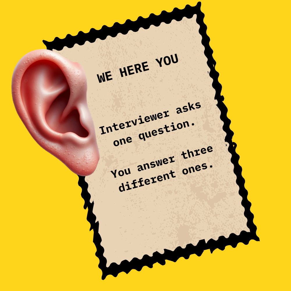 Illustration of a large ear next to a note reading, "We here you. Interviewer asks one question. You answer three different ones," on yellow.