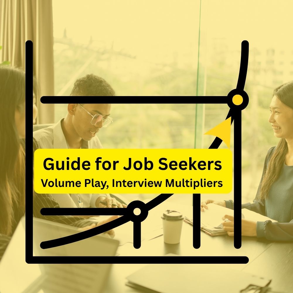 Image of professionals in a meeting with text overlay: "Guide for Job Seekers: Volume Play, Interview Multipliers" on a yellow background.