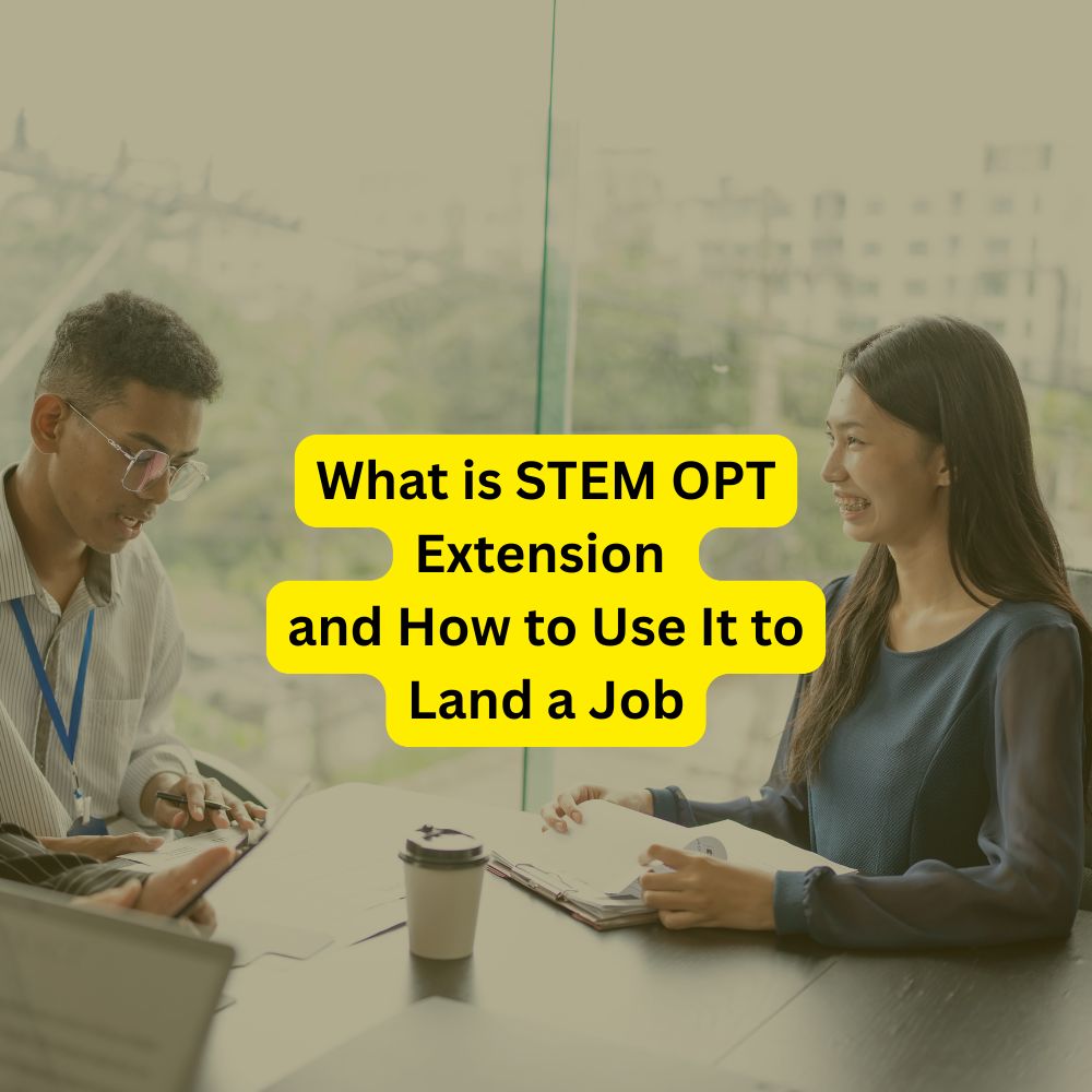 People having a meeting in an office with text overlay about "STEM OPT Extension and How to Use It to Land a Job."