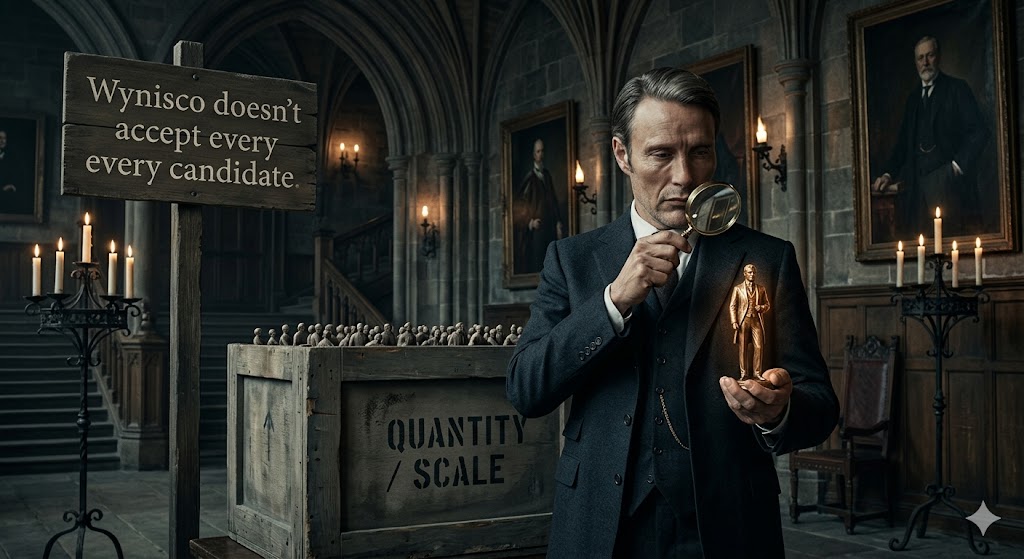 A man examines a small statue with a magnifying glass in a dimly lit room, next to a sign reading “Wynisco doesn’t accept every candidate.”