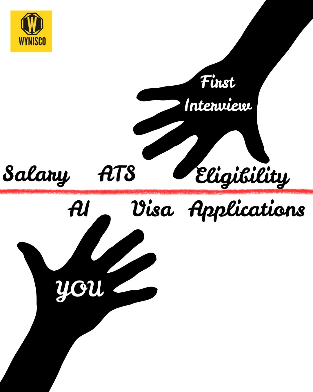 Silhouetted hands reaching towards keywords like 