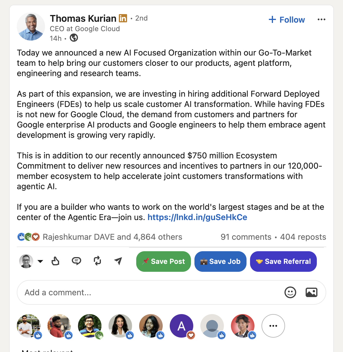 Google CEO FDE posting LinkedIn post by CEO of Google Cloud announcing new AI-focused organization, hiring engineers, and a $750M ecosystem commitment.