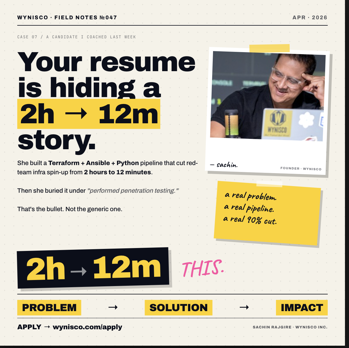 Resume insights: "2h → 12m story". Achieved via Terraform, Ansible, Python pipeline, reducing infra time from 2 hours to 12 minutes.