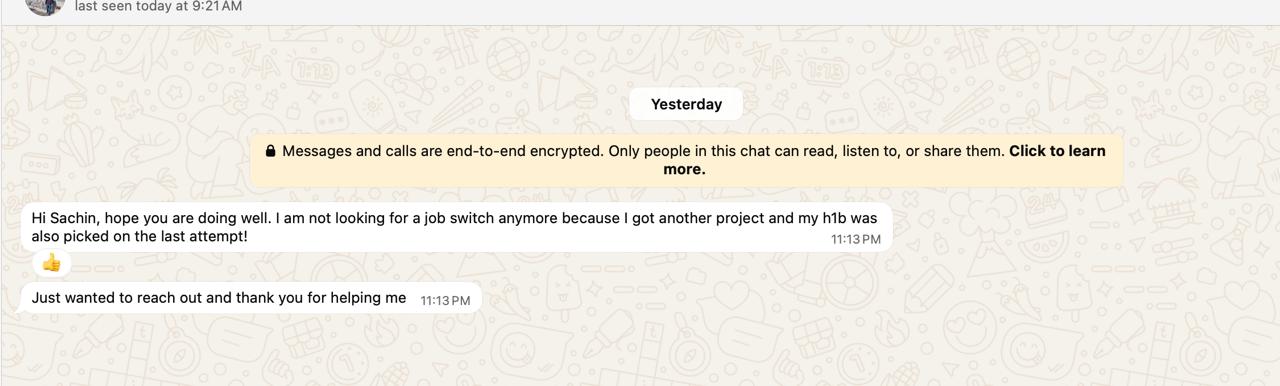 A WhatsApp chat showing a message expressing gratitude and sharing job-related news, with an encryption notice above.