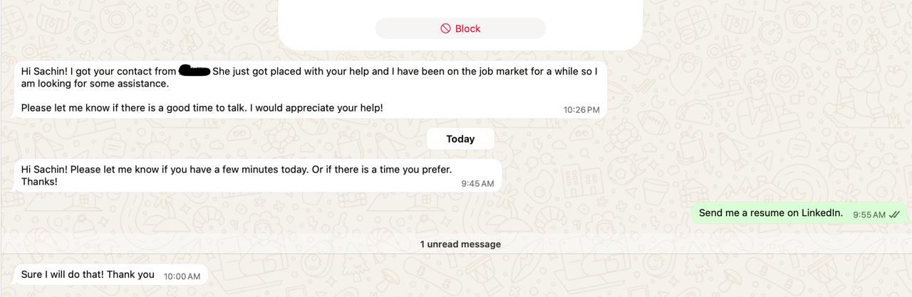 A WhatsApp chat showing a job seeker asking Sachin for assistance. Sachin requests a resume sent via LinkedIn.