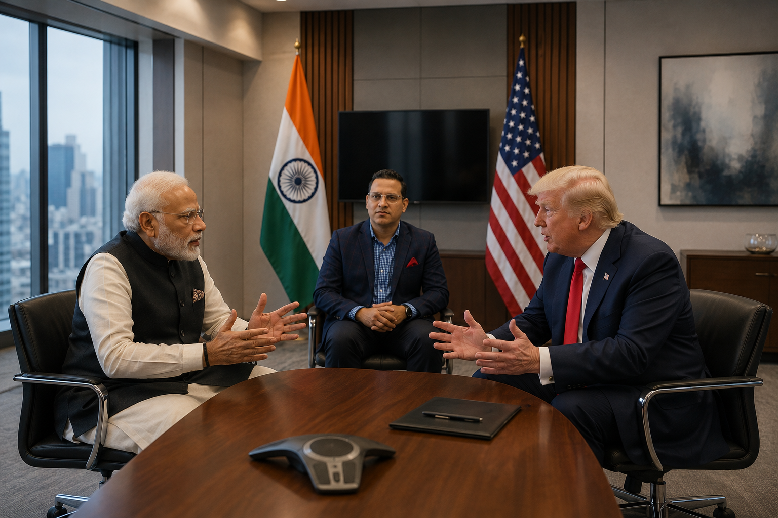 Three men in a meeting room with flags of India and the USA in the background, engaged in a discussion at a table.