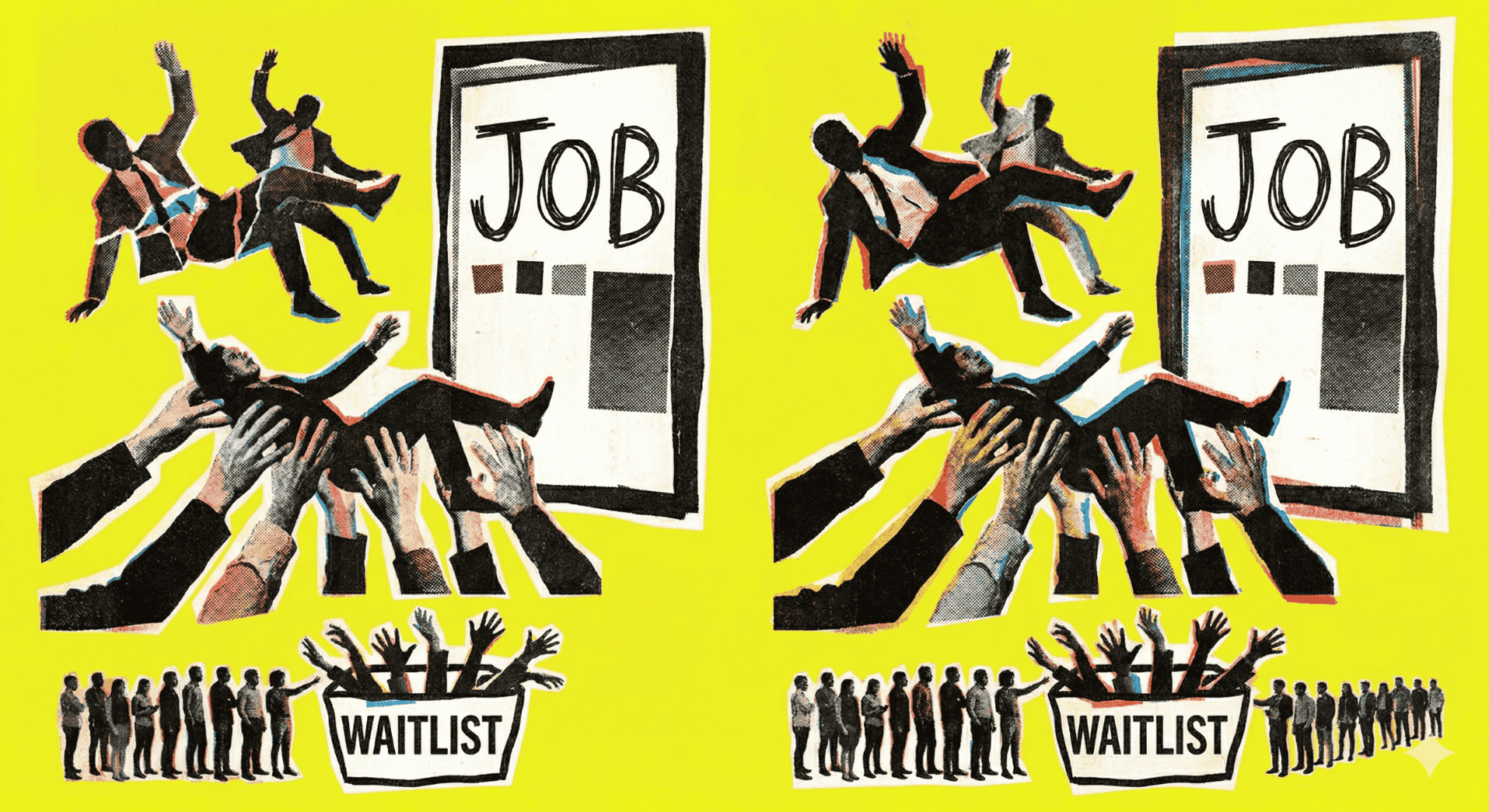 Illustration of people in suits being lifted by hands towards a "Job" sign, with a "Waitlist" box below filled with reaching arms.