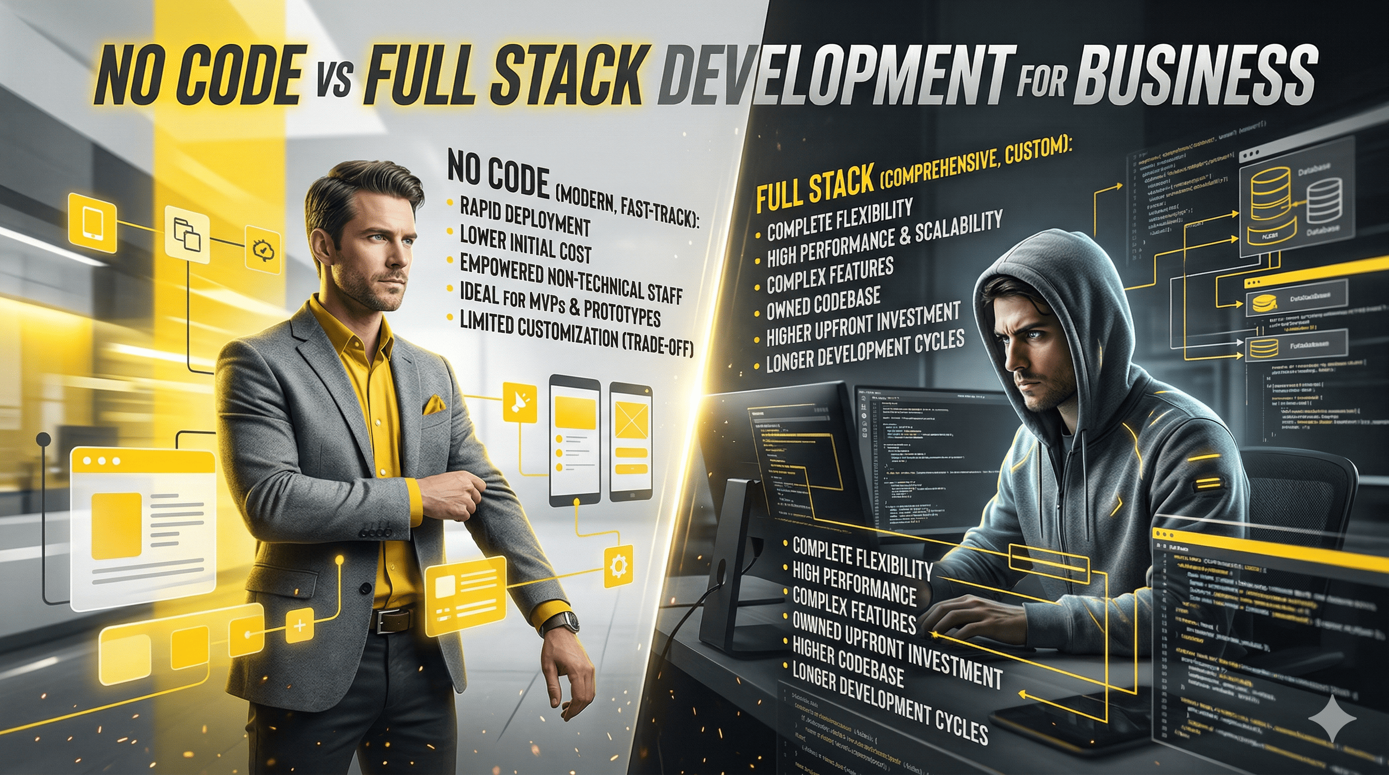 A split image of a professional representing No Code development on the left and a programmer for Full Stack Development on the right.
