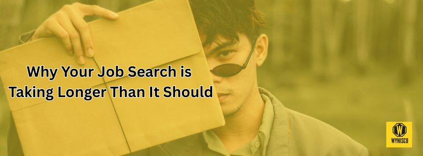 A person holding an envelope, partially covering their face, wearing sunglasses. Text reads, "Why Your Job Search is Taking Longer Than It Should."