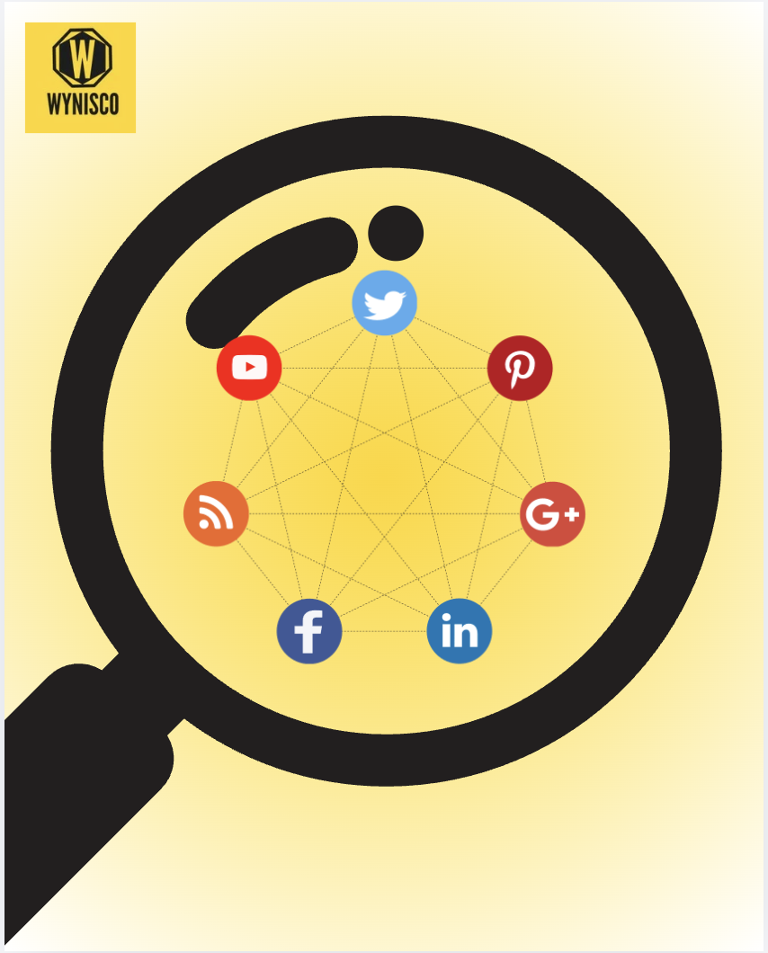 Magnifying glass over social media icons like Twitter and Facebook connected by lines; Wynisco logo on top left corner.