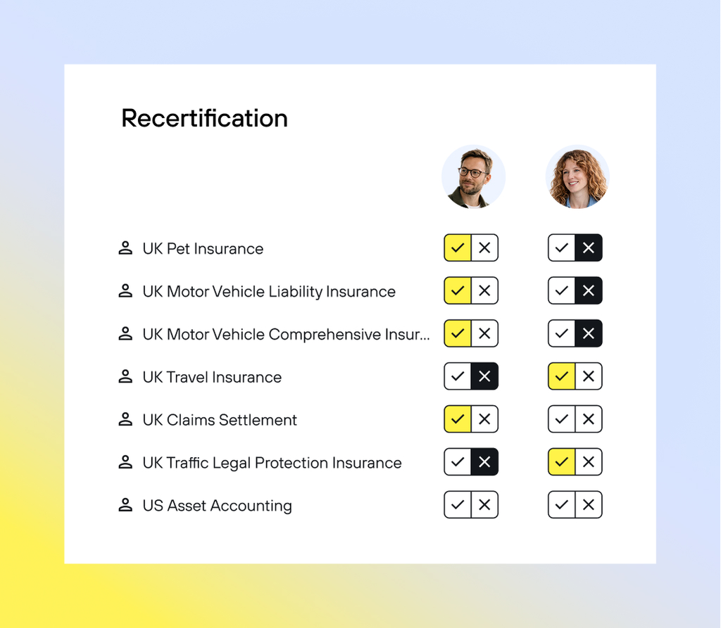 Recertification overview for reviewing and approving or rejecting existing user access rights