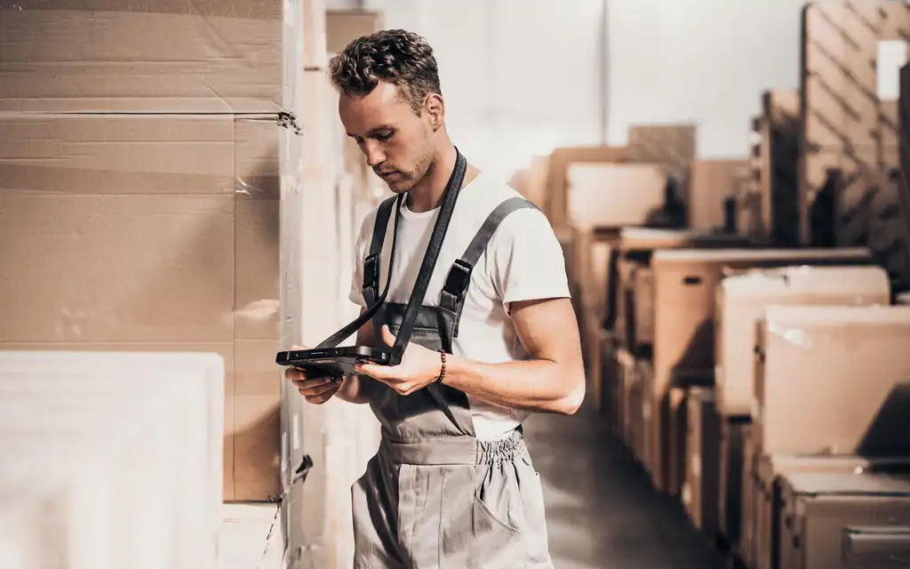 Young man holding a tablet works in warehouse stacked with boxes