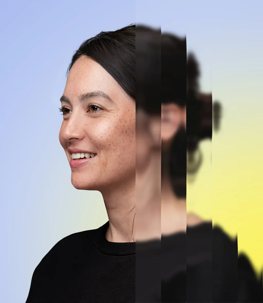 Smiling woman with dark hair against gradient background, image digitally sliced and rearranged in sections.